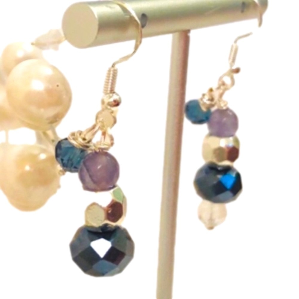 𝅺BOHO Indie Sterling Silver Earrings 🌟Purple & Deep Blue Crystal Handcrafted - Picture 3 of 11